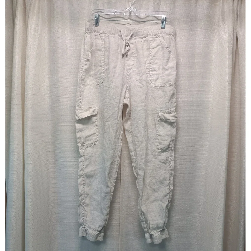 Nicole Miller New York Womens XL Linen Cargo Jogger Pants Cream Off White Casual